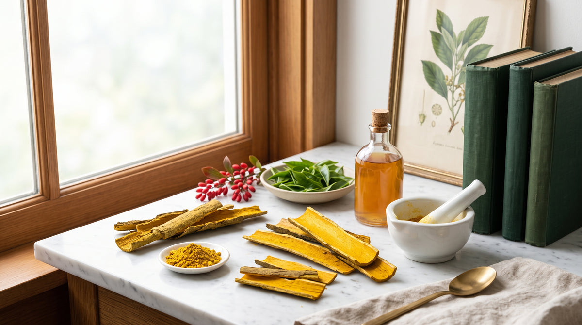 Strips of yellow Phellodendron amurense bark, a dish of bright yellow berberine powder, red barberry berries, green tea leaves and a corked bottle of apple cider vinegar on a marble counter