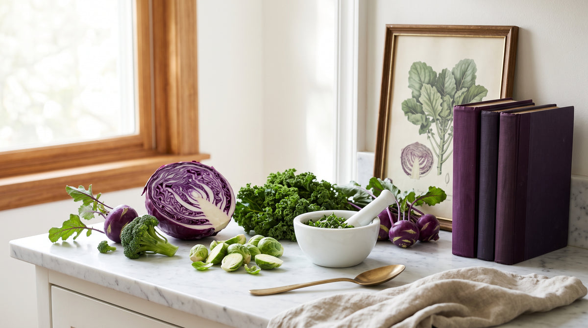 A halved purple cabbage showing its cross-section, broccoli, Brussels sprouts, kale and kohlrabi on a marble counter - the cruciferous vegetables whose indole-3-carbinol the body converts into DIM