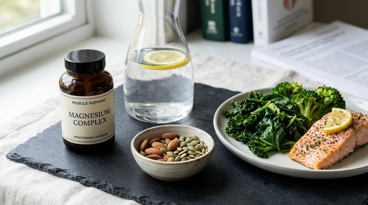 High-protein nutrition, elemental mineral water, pumpkin seeds and amber magnesium bottle for muscle health on GLP-1 therapy