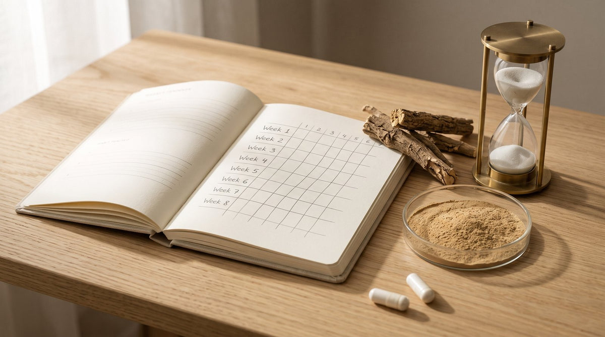Dried ashwagandha root pieces beside a wall calendar with eight weeks marked in pencil