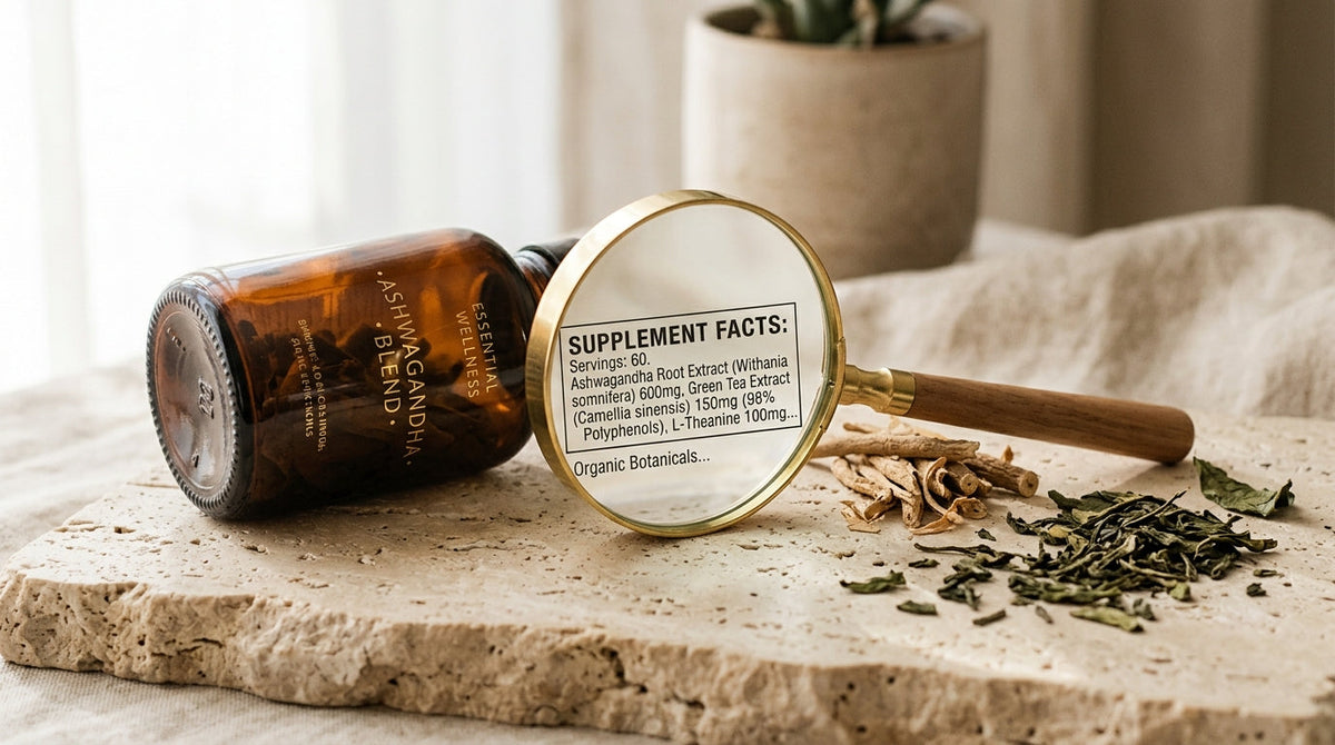 Amber supplement bottle on textured travertine stone with a brass magnifying glass over a crisp Supplement Facts panel, raw botanicals and clean morning light