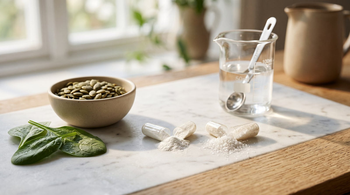 Two open capsules, one white glycinate powder and one pale citrate powder, on a marble counter beside spinach and pumpkin seeds