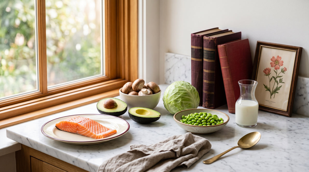 Salmon fillet, avocado, mushrooms, green cabbage, edamame and a carafe of milk on a marble counter beside antique books - dietary sources of the vitamin B3 forms the body builds NAD+ from