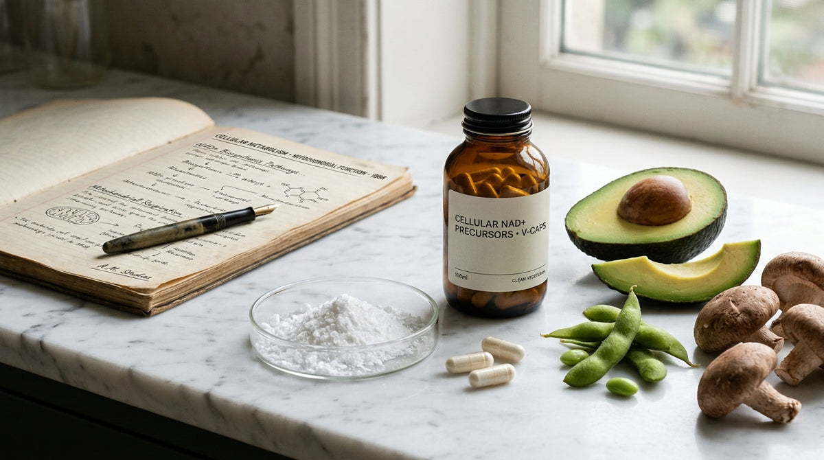 Cellular NAD+ precursors and vegetarian capsules on Carrara marble with laboratory petri dish, raw dietary sources of B3 and medical research notes