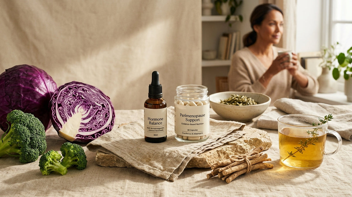 Evidence-based perimenopause nutrition with purple cabbage cross-section, broccoli, KSM-66 ashwagandha root, herbal tea and amber bottles in warm morning light