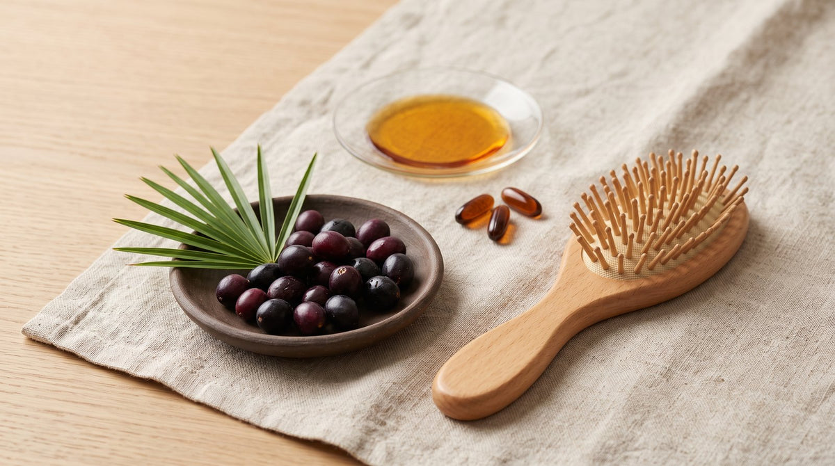 Fresh saw palmetto berries in a bowl beside a wooden hairbrush on a linen cloth