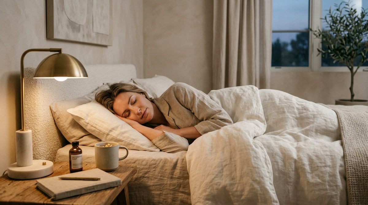 A woman asleep in soft evening light with a small amber supplement bottle, a mug and a notebook on the bedside table
