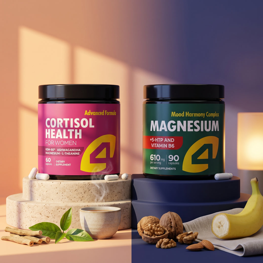 4Well Morning Calm, Evening Sleep bundle: Cortisol Health for Women and Magnesium Advanced 610 mg jars