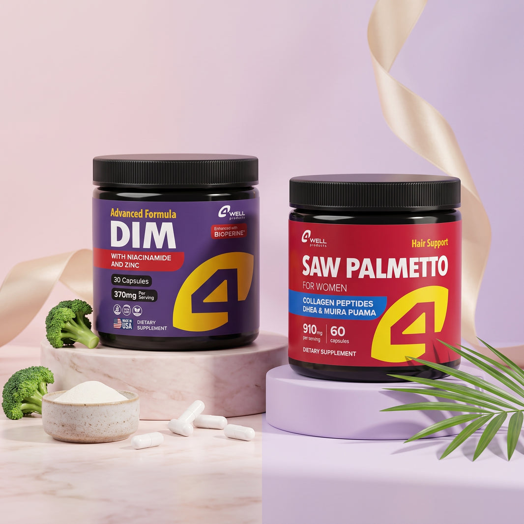 4Well Women's Hormone Balance bundle: DIM Complex 370 mg and Saw Palmetto for Women jars with broccoli and collagen powder