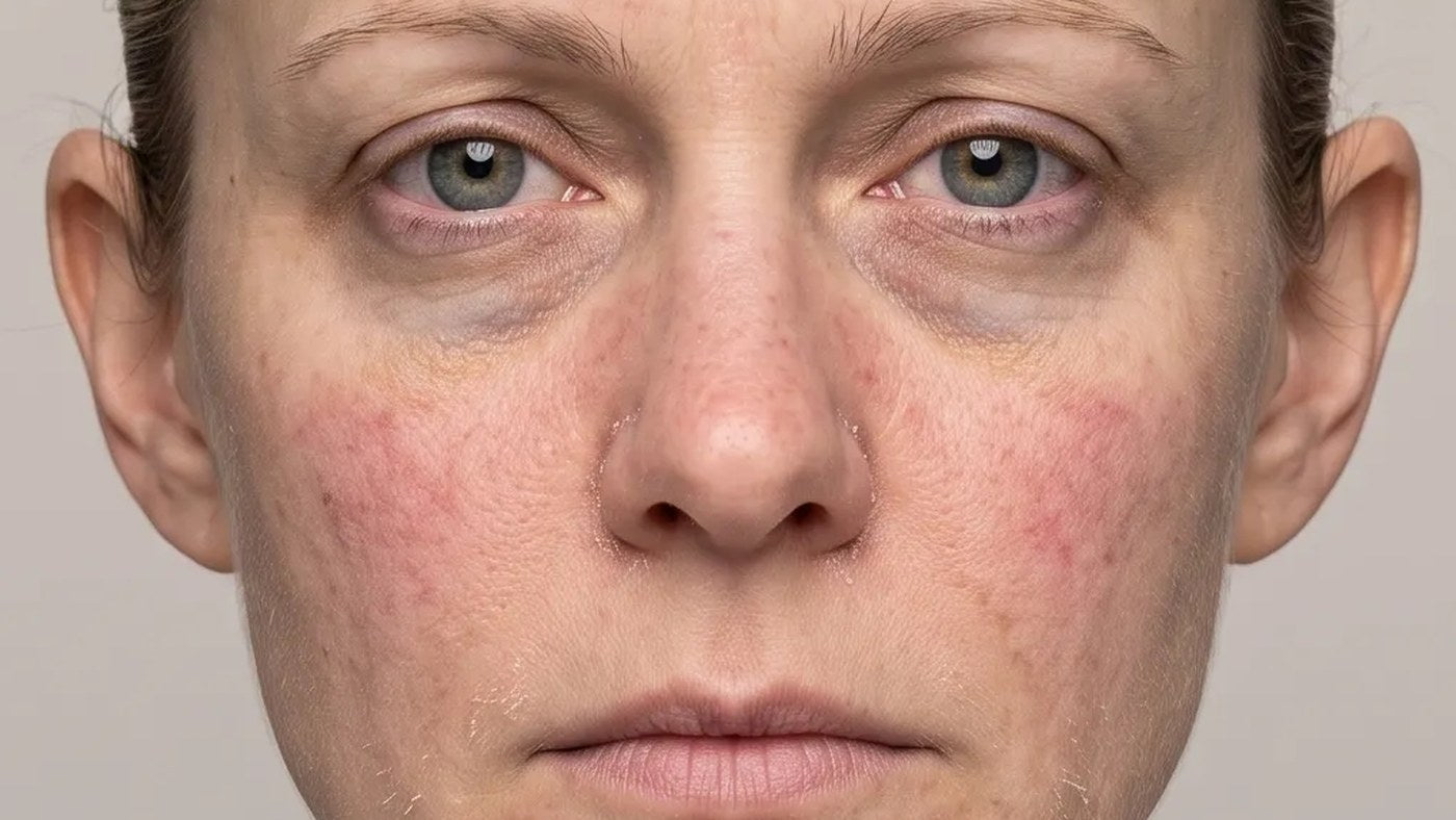Illustration: a stressed, under-slept face with shadowing under the eyes