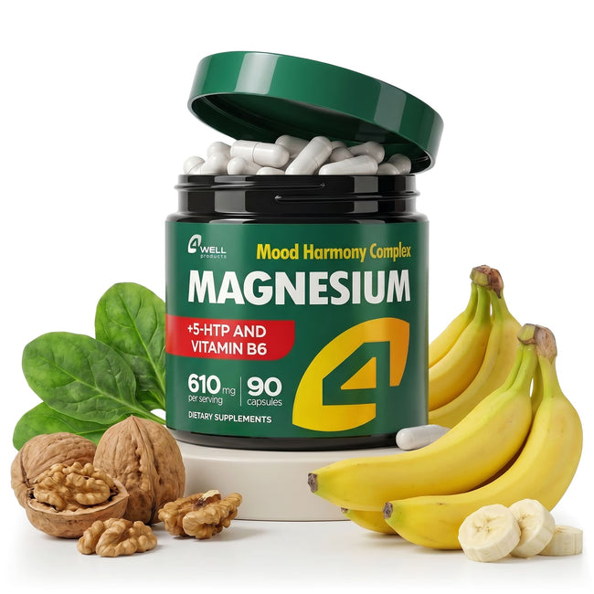 4Well Magnesium 610 mg jar, lid open with white capsules, beside spinach, walnuts and bananas