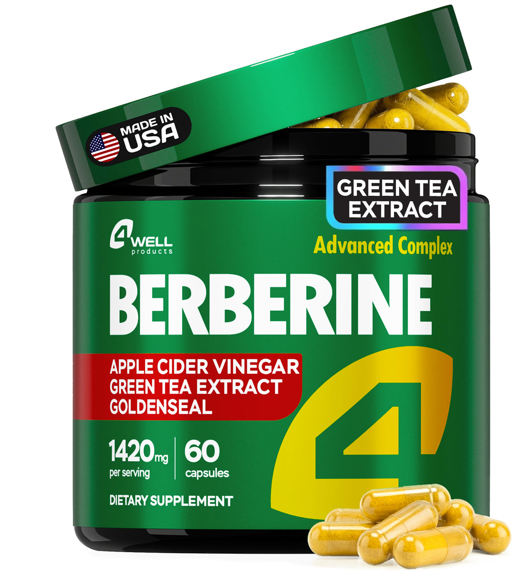 4Well Berberine HCL Supplement - Triple Strength GLP-1 Activator with Apple Cider Vinegar & Green Tea Extract