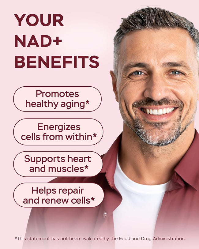 Smiling man beside four NAD+ benefit labels and an FDA disclaimer