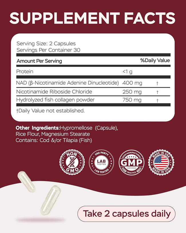 Supplement Facts panel: 2 capsules give NAD 400 mg, nicotinamide riboside 250 mg, fish collagen 750 mg