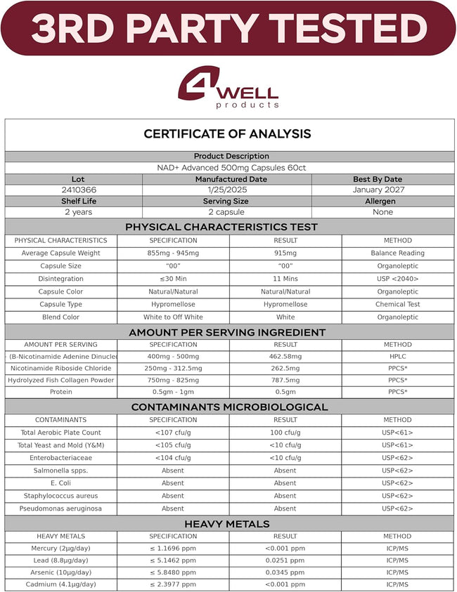 Third-party certificate of analysis for NAD+ lot 2410366: ingredient, microbial and heavy metal results
