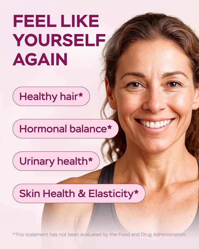 Smiling woman beside benefit labels: healthy hair, hormonal balance, urinary health, skin elasticity