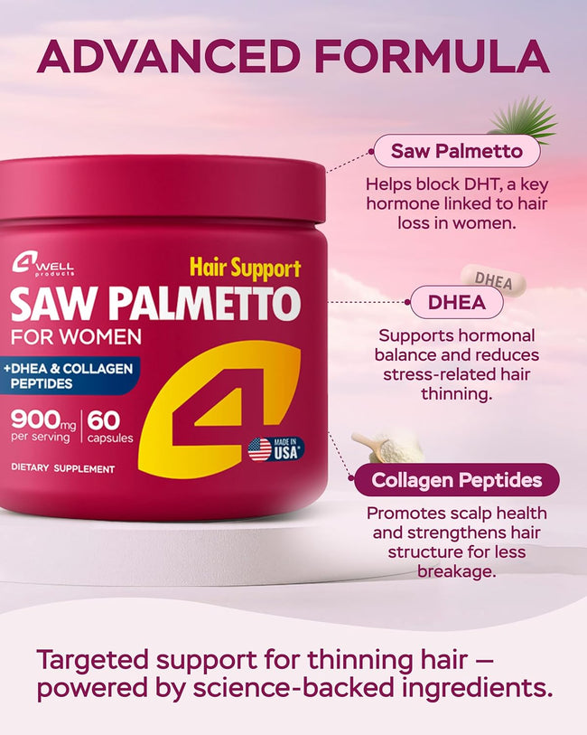 4Well Saw Palmetto for Women jar with callouts for saw palmetto, DHEA and collagen peptides