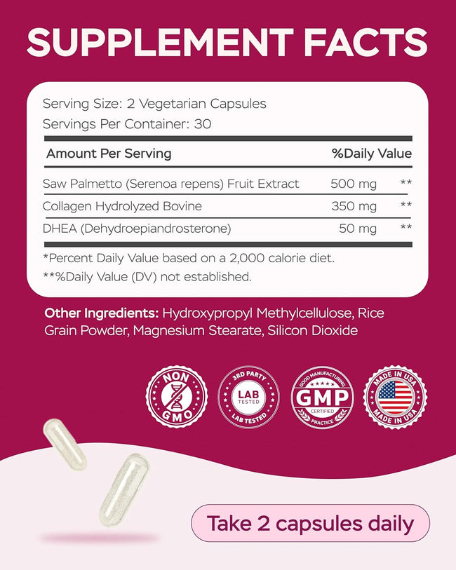 Supplement Facts panel: 2 capsules give saw palmetto 500 mg, hydrolyzed bovine collagen 350 mg, DHEA 50 mg