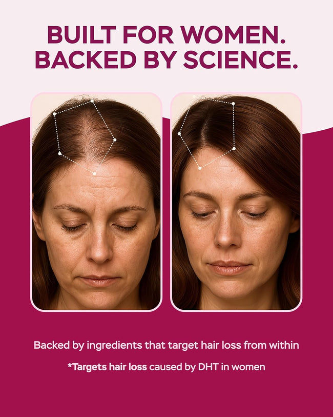 Two overhead portraits of a woman side by side comparing the density of her hair parting