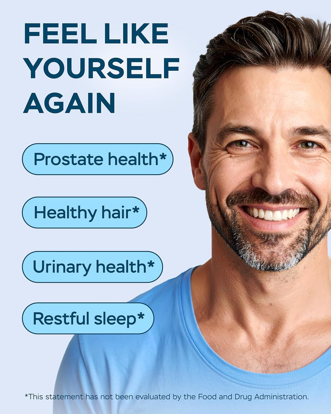 Smiling man beside benefit labels: prostate health, healthy hair, urinary health and restful sleep