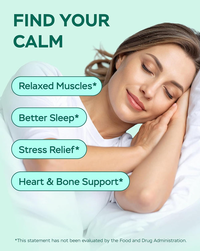 Woman resting on a pillow beside benefit labels: relaxed muscles, better sleep, stress relief, heart and bone