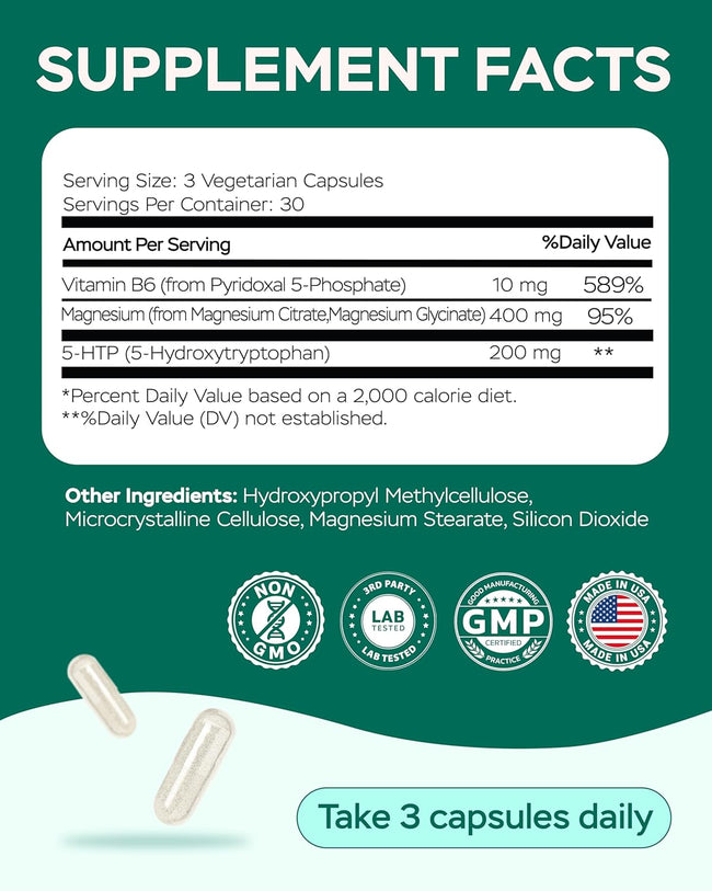 Supplement Facts panel: 3 capsules give vitamin B6 10 mg, magnesium 400 mg and 5-HTP 200 mg