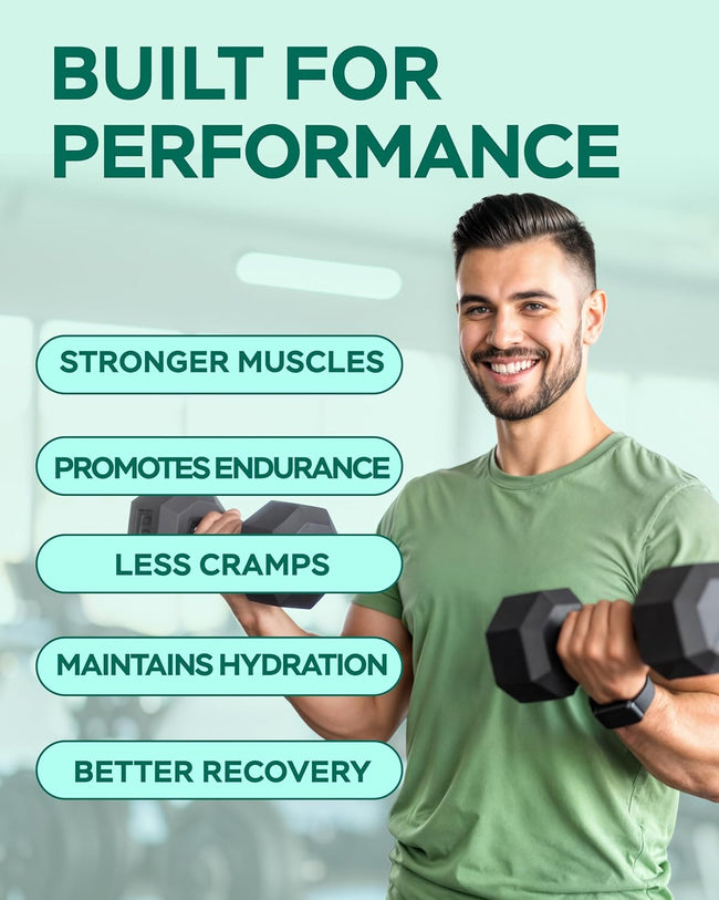 Man holding a dumbbell in a gym beside a list of muscle and recovery benefits
