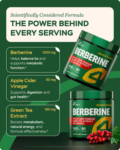 4Well Berberine HCL Supplement - Triple Strength GLP-1 Activator with Apple Cider Vinegar & Green Tea Extract