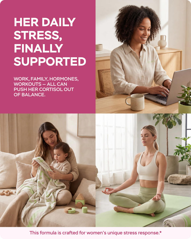 Three photographs of women at a laptop, reading with a child and meditating on a mat