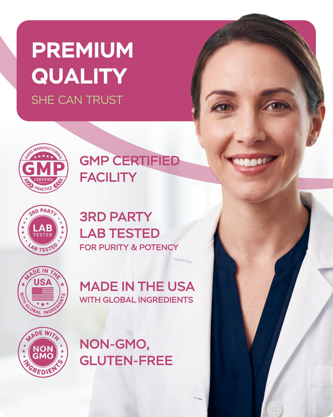 Woman in a lab coat beside GMP certified, third-party lab tested, made in USA and non-GMO seals