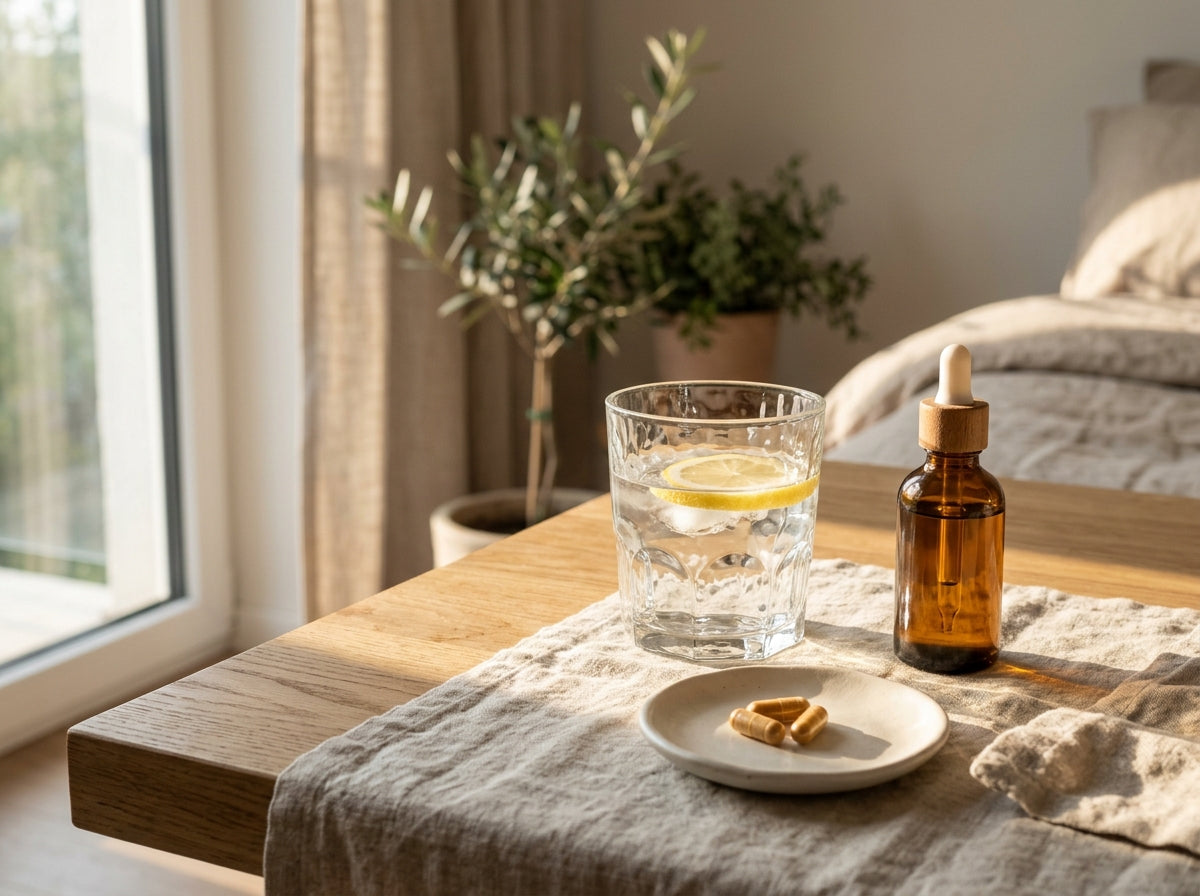 Aesthetic daily morning wellness ritual with pure water and capsules